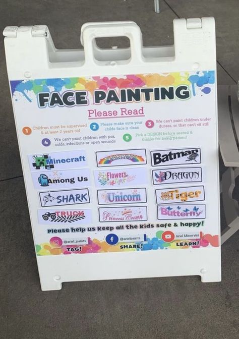 Face Painting Stall Ideas, Face Painting Price List, Face Paint Menu Board, Face Painting Signs Ideas, Face Paint Set Up, Face Painting Booth Set Up, Diy Facepainting, Face Painting Booth, Face Painting Business