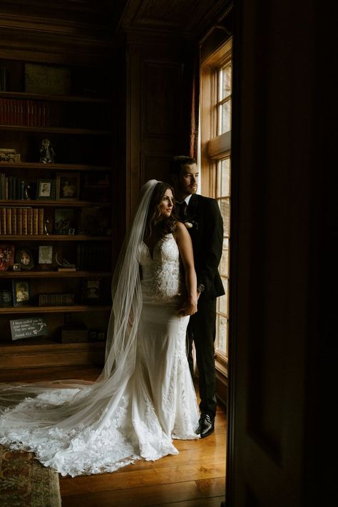 Hollywood Glam Wedding Photos, Moody Bridal Portraits, Nostalgic Wedding Photography, Old Money Wedding Photos, Old Mansion Wedding, Dark And Moody Wedding Photography, Mansion Library, Old Hollywood Regency, Travis Wedding