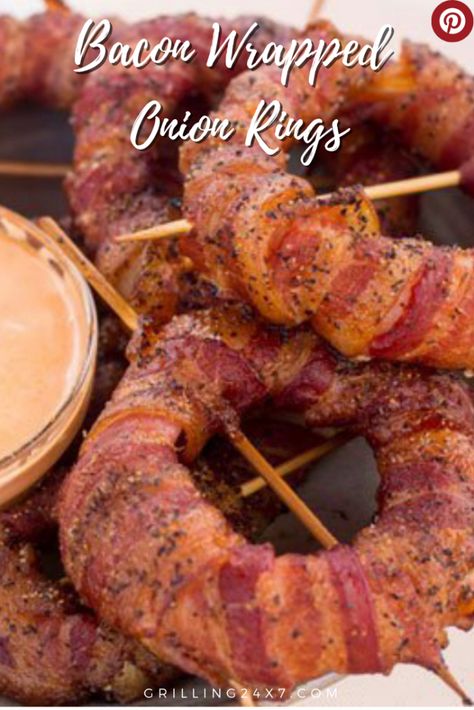 Rings Story, Bacon Wrapped Onion Rings, Bacon Wrapped Onion, Sriracha Dipping Sauce, Mayo Dipping Sauce, Bruschetta Bread, National Bacon Day, Bacon Wrapped Burger, Smoker Ideas