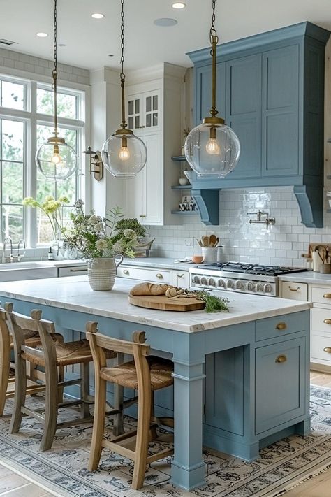 Vintage Kitchen Decor Ideas, Sims Interior, Beachy Kitchens, Coastal Kitchen Ideas, Coastal Farmhouse Kitchen, Kitchen Revamp, Light Blue Kitchens, Coastal Kitchen Design, Beach Kitchen