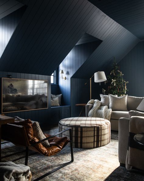 Before and NOW: The Bonus Room - Chris Loves Julia Loft Lounge Ideas Upstairs, Dark Walls Vaulted Ceiling, Monochromatic Walls And Ceiling, Dark Attic Room, Black Bonus Room, Teen Lounge Furniture, Masculine Bonus Room, Moody Attic Office, Black Attic Room