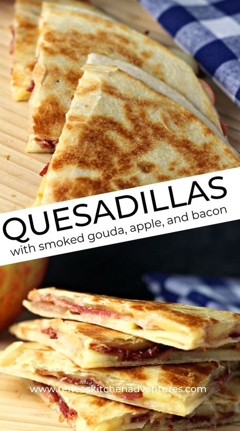 Two photos of quesdillas cut and ready to eat. Gouda Cheese Recipes, Gouda Recipe, Cheese Apples, Easy Mexican Dishes, Easy Quesadilla, Quesadilla Recipes Easy, Smoked Gouda Cheese, Quesadilla Recipe, Smoked Gouda