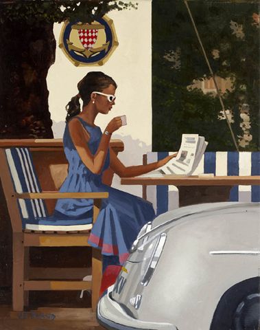 Jack Vettriano Paintings Imperfect Holding | the girl sits alone at the sidewalk table, drinking coffee and reading ... Jack Vetriano, The Singing Butler, Jack Vettriano, New Jack, Morning News, Edward Hopper, Scottish Artists, Woman Reading, Reading A Book