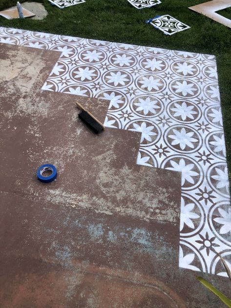 COLORSHOT Floor Stenciling with Alex Paige Clark Stencil Concrete Pavers, Sidewalk Stencil Ideas, Concrete Stencil Outdoor, Patio Concrete Floor Ideas, Painted Patio Floor, Painted Pavement, Cement Stencil, Floor Stencil Ideas, Painted Deck Floors