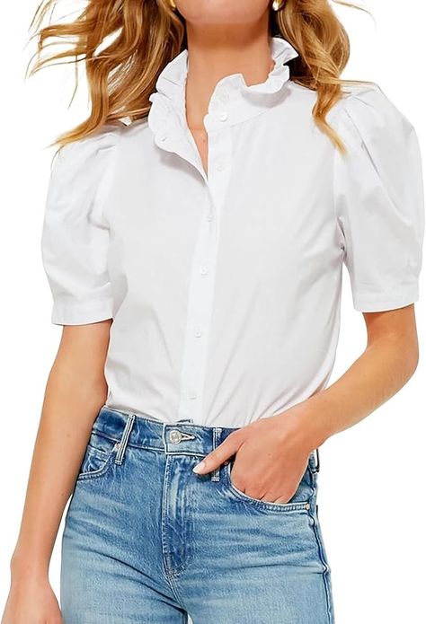 Womens 2024 Summer White Top Ruffle Stand Collar Button-Down Shirt Puff Sleeves Blouse at Amazon Women’s Clothing store Puff Sleeves Blouse, Sleeves Blouse, Summer White, White Summer, Amazon Women, Summer Top, White Top, White Tops, Puff Sleeves