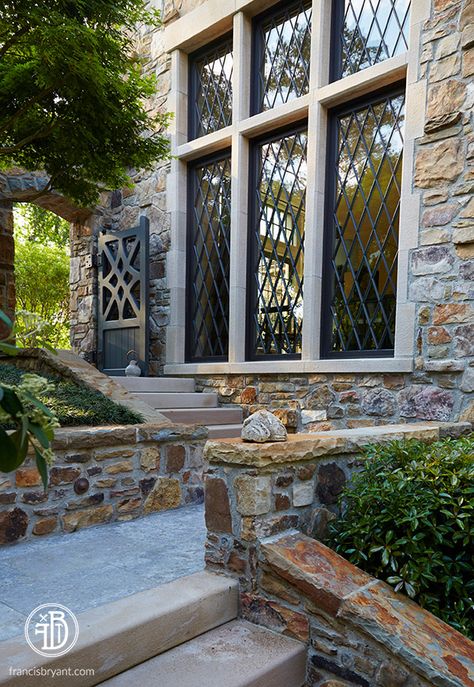 Custom built home by Francis Bryant Construction \\ stone walls, limestone surrounds, custom windows, architectural details \\ francisbryant.com Cozy Courtyard, House Garden Landscape, Courtyard Entry, Brick Garden, Landscape Inspiration, Stone Patio, Fire Pit Seating, Patio Wall, White Windows