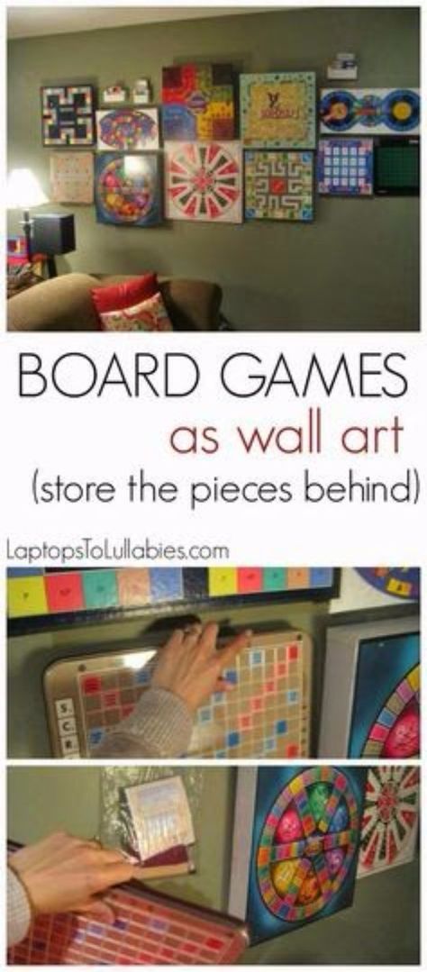 DIY Media Room Ideas - Board Games As Wall Art - Do It Yourslef TV Consoles, Wall Art, Sofas and Seating, Chairs, TV Stands, Remote Holders and Shelving Tutorials - Creative Furniture for Movie Rooms and Video Game Stations #mediaroom #diydecor Hangout Room, Rustic Basement, Game Room Family, Playroom Organization, European Home Decor, Deco Originale, Movie Room, Game Room Decor, Rec Room