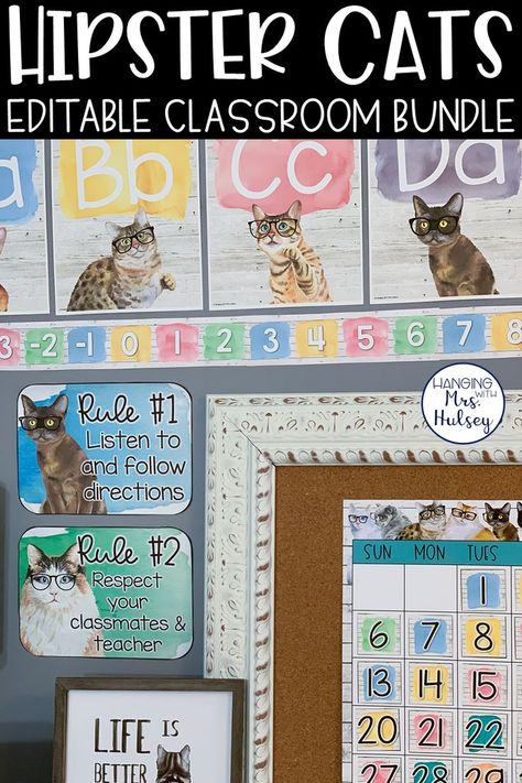 A hipster cat classroom decor line that includes everything you need to be organized and ready for the new school year! Download includes many editable posters and organization items. Cat theme is fun for the classroom with pops of watercolor. #catdecor #catclassroom #hipstercats #classroomdecor #classroomdecorations #shiplapclassroom #hipsterdecor Cat And Dog Themed Classroom, Cat Bulletin Board Ideas, Cat Classroom Decor, Hipster Decor, Classroom Organization Ideas, Teaching 5th Grade, Classroom Management Ideas, Bulletin Board Borders, Class Theme