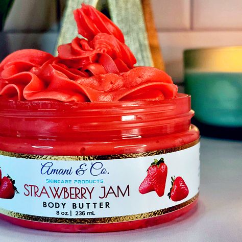 Strawberry Jam Body Butter - amaninco Strawberry Gifts, Black Owned Business, Natural Body Butter, Body Butters Recipe, Organic Virgin Coconut Oil, State Foods, Body Hygiene, Unrefined Shea Butter, Shower Skin Care