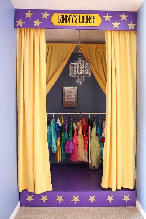 How to Build a Kids Stage - this great playroom ideas will bring loads of fun for years to come! This DIY Stage for Kids is an easy build and has hidden storage! #playroomideas #diystage #kidsstage #kids Kids Play Stage, Dress Up Clothes Storage, Open Curtains, Playroom Stage, Fun Playroom Ideas, Playroom Diy, Dress Up Corner, Diy Stage, Dress Up Area