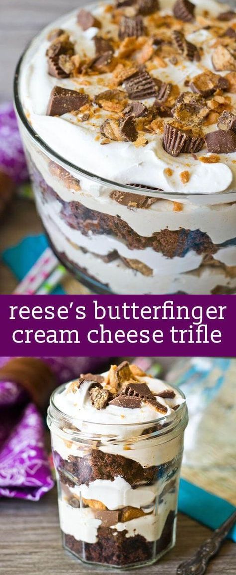 Triffel Recipes, Cream Cheese Trifle, Butterfinger Desserts, Butterfinger Dessert Recipes, Trifle Ideas, Butterfinger Recipes, Strawberry Lasagna, Butter Finger Dessert, Trifle Bowl Recipes