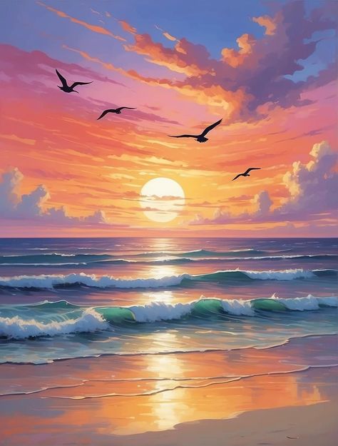 Sea And Sunset Painting, Sunset In Ocean Painting, Sunset Beach Canvas Painting, Painting Of Sunset On Beach, Sunset At The Beach Drawing, Sunset Waves Painting, Acrylic Painting Ideas Beach, Painting Ideas On Canvas Sea, Sunset Beach Drawing