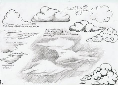 Variety of clouds How To Draw Clouds, Draw Clouds, Cloud Drawing, Nature Drawing, Landscape Drawings, Art Instructions, Mermaid Hair, Drawing Lessons, Drawing Tutorials