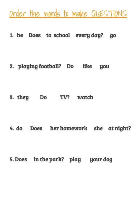 Present simple questions online worksheet for Grade 3. You can do the exercises online or download the worksheet as pdf. Do Does Questions Worksheet, Do And Does Worksheet, Kg Worksheets, English Primary School, English Grammar Exercises, Worksheets For Grade 3, English Grammar Rules, Word Order, Grammar Exercises