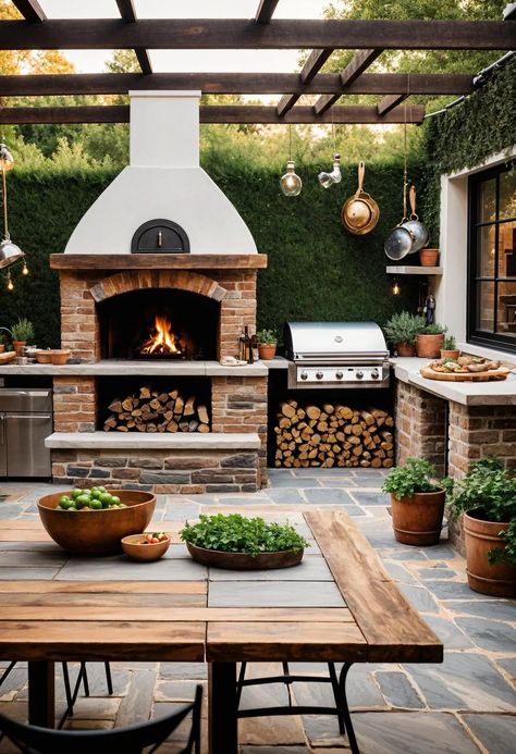 21 Stunning Outdoor Kitchen Patio Ideas (NEW) 4 Tropical Outdoor Kitchen Ideas, Outdoor Patio Ideas Bbq, Backyard Patio Designs With Fireplace, Bbq Porch Ideas, Grill Deck Ideas, Backyard Dream Ideas, Outdoor Fireplace And Grill Combo, Patio Cooking Area Ideas, Outdoor Barbecue Design