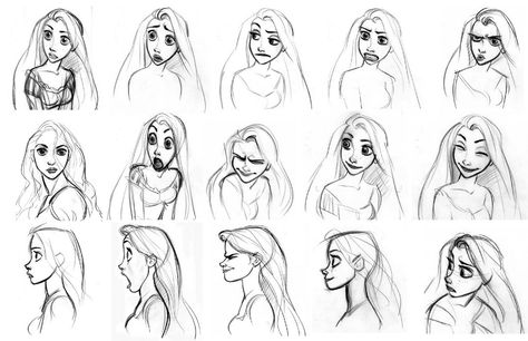 Disney Expressions, Concept Art Disney, Rapunzel Sketch, Tangled Concept Art, Concept Art Books, Glen Keane, Expression Sheet, Different Faces, Character Design Cartoon