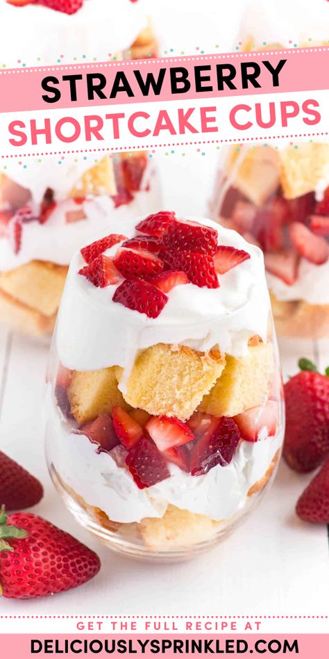 A no-bake spring recipe featuring a strawberry trifle! 3 ingredients are all you need for this easy Easter dessert recipe. Layered with pound cake and Cool whip, these individual Strawberry Shortcake Cups are fun and delicious! Individual Strawberry Shortcake, Strawberry Shortcake Cups, Shortcake Cups, Trifle Cups, Strawberry Shortcake Dessert, Strawberry Shortcake Trifle, Easy Strawberry Shortcake, Best Summer Desserts, Strawberry Trifle