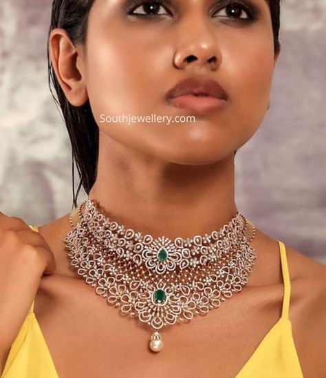 Diamond choker with center emeralds photo Diamond Choker Indian, Bridal Diamond Necklace, Gold Jewelry Outfits, Choker Necklace Designs, Diamond Pendants Designs, Two Step, Diamond Choker Necklace, Diamond Wedding Jewelry, Antique Jewellery Designs