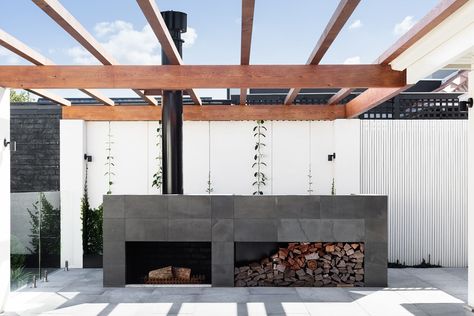 Pipkorn Kilpatrick | Elwood house Fire Area, Outside Fireplace, Adirondack Furniture, Outdoor Fireplace Designs, Modern Pergola, Outdoor Remodel, Est Living, Outdoor Living Room, Opposites Attract