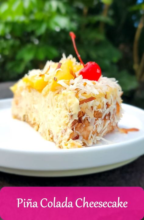 Pineapple Whip Cheesecake, Pineapple Cheesecake Recipes, Pina Colada Cheesecake Recipes, Pina Colada Cheesecake Bars, Pina Colada Pudding, Pina Colada Dessert, Pina Colada Cheesecake Recipes No Bake, Piña Colada Cheesecake, Tropical Cheesecake Recipes