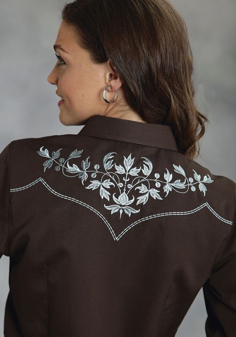 Ladies Long Slv Western Style Shirt * Leaf Embroidery On Front & Back Yokes * Saddle Stitch Detail * Waist Darts * 3 Snap Cuff * Satin Trim On Inside Collar Band, Inside, Inside Back Yoke, and Inside Cuff  65% POLYESTER / 35% RAYON Western Style Embroidery, Boutique Style Dresses, Western Show Clothes, Western Show Shirts, Vintage Western Wear, Horse Show Clothes, Denim Embroidery, Western Style Shirt, Turquoise Western