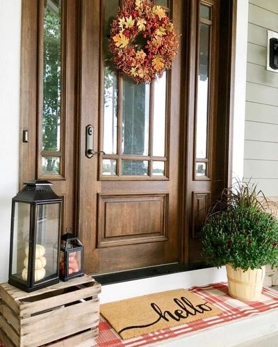 Glass Front Entry Doors, Stained Front Door, Exterior Doors With Sidelights, Front Veranda, Porch Lanterns, Mahogany Front Door, Wood Front Entry Doors, Entry Door With Sidelights, Doormat Ideas