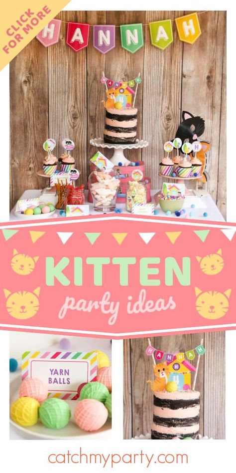 Don't miss this adorable kitten-themed birthday party! The party food is so much fun! See more party ideas and share yours at CatchMyParty.com Cat Adoption Party, Birthday Kitty, Kitten Birthday Party, Kitten Party, Kitten Birthday, Girls Birthday Party Themes, Adoption Party, Animal Cakes, Cupcake Toppers Printable