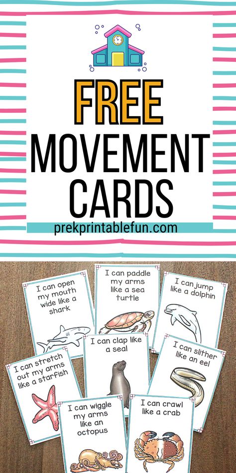 Preschoolers love to move like animals! These Under the Sea Movement cards are a perfect addition to your Under the Sea Theme! Use these cards as a fun group activity, then keep on hand to use during transitions Under The Seas Activities, Under The Sea Literacy Activities Preschool, Under The Sea Curriculum Preschool, Under The Sea Centers Preschool, Under Water Activities Preschool, Sea Animal Theme Preschool, Under The Sea School Activities, Under The Sea Theme Classroom Activities, Sea Life Art Preschool