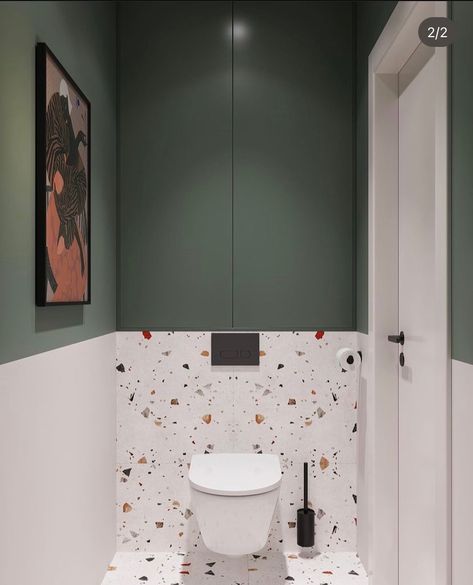 Small Rest Room Ideas, Painted Toilet Room, Half Tiles Bathroom, Toilet Design Green, Bathroom Tile Half Wall, Kids Washroom Ideas, Small Cloakroom Toilet Downstairs Loo, Small Wc Design, Gray And Green Bathroom