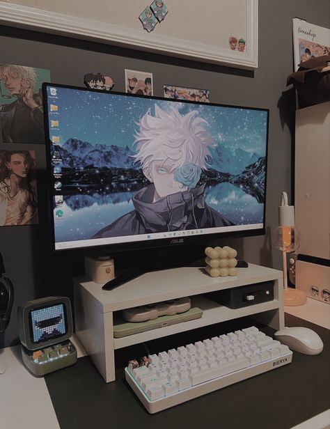 Anime Pc Setup Ideas, Anime Pc Setup, Anime Gaming Room Background, Gaming Pc Aesthetic, Pc Gamer Aesthetic, Pc Gaming Setup Anime, Cozy Setup, Best Gaming Setup, Pc Setups