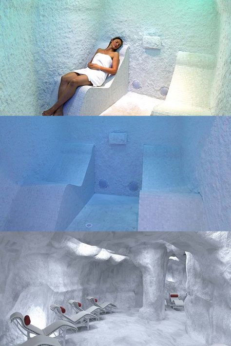 Enjoy Halotherapy treatments at home or in the spa with this custom built salt cave with real salt crystals in the air. Salt Cave Benefits, Salt Cave Spa, Sauna Kits, Salt Therapy, Sauna Kit, Sauna Diy, Salt Cave, Relaxing Backyard, Salt Room