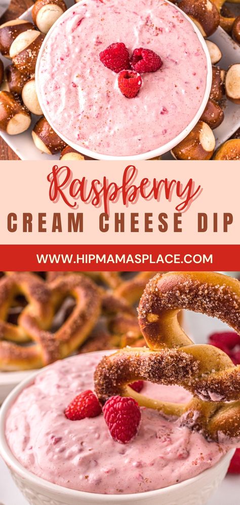 This delicious and easy raspberry cream cheese dip is the perfect dip to pair with fresh fruits, bagels and even pretzels! Get the recipe on HipMamasPlace.com! #raspberrycreamcheese #raspberrycreamcheesediprecipe #dips #diprecipes #footballseason #snacks #snacking #easyrecipes #foodblog #foodblogger #foodblogeats #hipmamasplace Nye Dips, Dips Platter, Dip Night, Pretzel Dip Recipes, Dip Cream Cheese, Superbowl Ideas, Bagel Dip, Cream Cheese Recipes Dip, Raspberry Cream Cheese