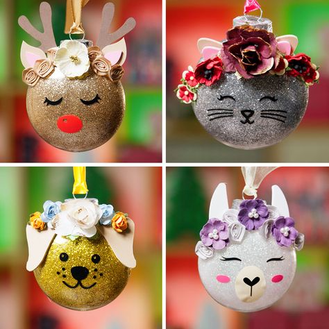 DIY Glitter Ornaments: The EASIEST Way to Glitter Ornaments - Craft with Sarah Reindeer Christmas Ball Ornament, Puppy Ornaments Diy, Diy Animal Christmas Ornaments, Diy Animal Ornaments, Diy Cat Ornaments, Glitter Ornaments Diy Polycrylic, Reindeer Ornaments Diy, Diy Reindeer Ornaments, Diy Glitter Ornaments