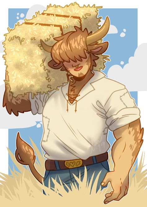 Highland Cow Character Design, Highland Cow Fursona, Cow Person Character Design, Ram Human Hybrid, Bull Hybrid Oc, Cow Human Hybrid Oc, Cow Hybrid Oc Male, Farmer Oc Male, Cow Oc Male