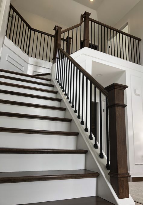 Stairway Spindles Iron, Wrought Iron And Wood Stair Railing, Restain Wood Railing, Iron Spindles Wood Rail, Interior Iron Railings Stairways, Iron Spindle Staircase Wood Railing, Metal Stair Balusters, Stairs With Wrought Iron Spindles, Rod Iron Banisters And Railings