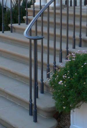 Blacksmith : Custom Designed Stair Railing : Hand Forged Steel Exterior Step Railing, Wrought Iron Railing Exterior Porch, Exterior Metal Railing, Exterior Iron Railing, Outdoor Handrails For Stairs Front Steps, Wrought Iron Railings Outdoor, Iron Front Porch Railing, Deck Stair Railing Ideas, Iron Railings Outdoor Front Porches