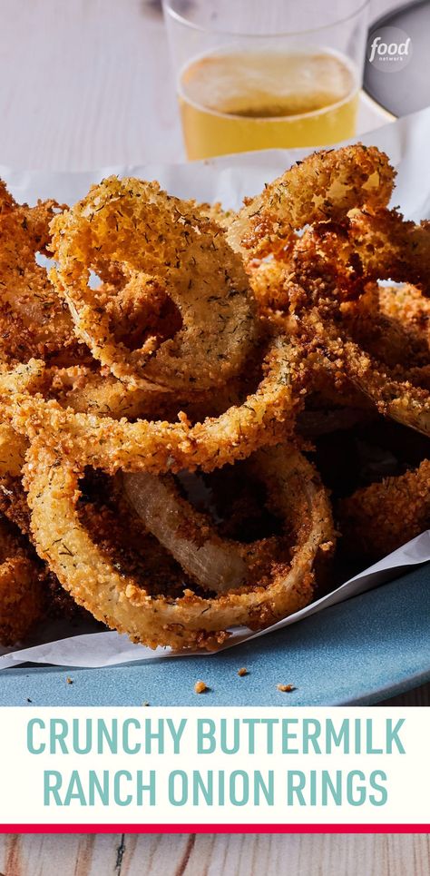 Recipe of the Day: Crunchy Buttermilk Ranch Onion Rings 🧅 No more soggy onion rings! The addition of cornstarch to the coating for these tasty rings helps them maintain an irresistible, crispy, crunchy exterior. Both the buttermilk soak and panko breading are spiked with ranch seasoning, so the flavor really stands out, too. We pair them with a speedy lemon aïoli, but you could serve them any condiment you prefer. Cajun Food Truck, Hamburger Hill, Fried Recipes, Blooming Onion, Buttermilk Ranch, Cajun Food, Recipes Savory, Fall Cooking, Snack Attack