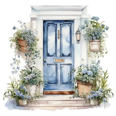 Doors Watercolor, Cottage Doors, Watercolor House Painting, Cottage Door, Watercolor Architecture, Cute Cottage, Amazing Art Painting, Naive Art, Urban Sketching