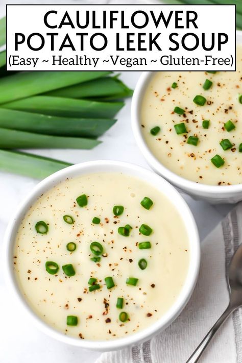 This cauliflower potato leek soup is creamy and delicious! No one will guess that it's dairy-free, gluten-free, and vegan.  A low carb potato leek soup the whole family will love! Cauliflower Potato Soup, Low Carb Potatoes, Easy Vegan Soup, Creamy Soups, Cauliflower Potatoes, Simple Soup, Potato Leek, Vegetarian Soup Recipes, Potato Leek Soup