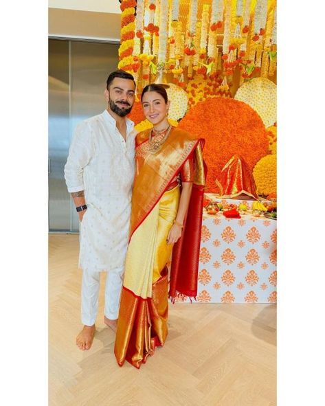 Anushka Sharma-Virat Kohli First Time Celebrated Ganesh Chaturthi After Birth Of Baby Girl, Vamika Anushka Sharma Saree, Anushka Sharma Virat Kohli, Anushka Sharma And Virat, Virat Kohli And Anushka, Tatted Men, Virat And Anushka, King Kohli, Virat Kohli Instagram, Virat Kohli Wallpapers