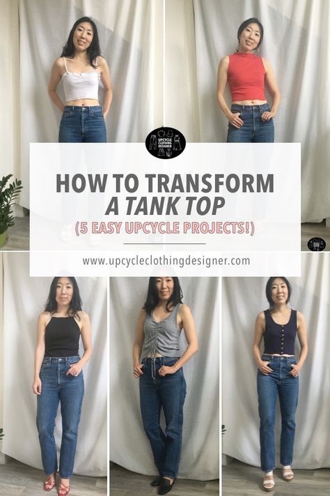 Transform a tank top with these easy DIY upcycle projects! Learn how to upcycle a tank top from your old clothes with no need to get rid of them to buy new. These trendy and chic knit tops are on trend and everywhere on social media right now. Follow the step by step tutorial video and instruction to create mock neck, ruffle crop top and many fashionable styles to wear. Tank Top Upcycle, Easy Upcycle Projects, Thrift Flip Clothes Ideas, Sew Crop Top, Diy Tank Top, Clothes Sewing Projects, Easy Upcycle, Thrift Flip Clothes, Tank Tops Diy