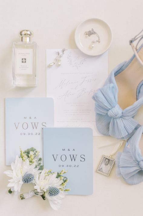 Blue wedding invitation and blue bridal shoes in flat lay for wedding Dusty Blue Detail Shots, Wedding Stationary Flatlay, Blue Flat Lay Wedding, Bridal Flat Lay Photography, Bridal Details Flat Lay, Flat Lay Detail Shots Wedding, Bridal Flat Lay, Soft Blue Wedding Theme, Wedding Flatlay Inspiration