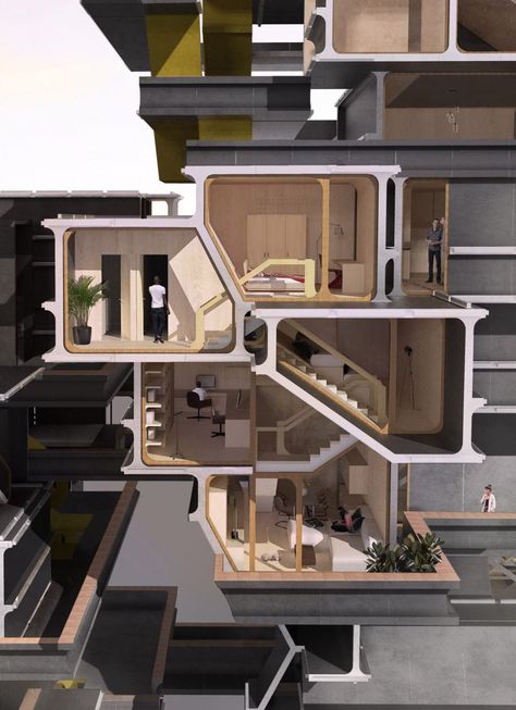 The proposal aims to facilitate the rapid building of mass housing through the use of fully automated digital-fabrication technologies to produce pre-fabricated modular components.    An online open-source library of modules that could be combined in various ways to create different apartment typologies would offer the occupant more involvement in the design of their house. Module Architecture, Mass Housing, Parasitic Architecture, Mass Design, Bartlett School Of Architecture, Architecture Program, Modular Housing, Digital Fabrication, Apartment Architecture