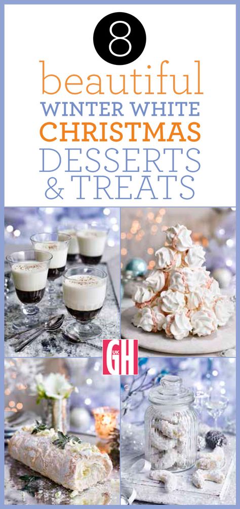 These Christmas desserts, treats and Xmas pudding alternatives all have serious wow factor. From a festive Baked Alaska to a tower of meringue kisses, there's something for everyone. White Trifle Dessert, Winter Wonderland Party Desserts, White Christmas Dessert Table, White Themed Food Ideas, Winter Theme Desserts, Snow Themed Desserts, White Christmas Food, Winter Themed Food, Winter Wonderland Food