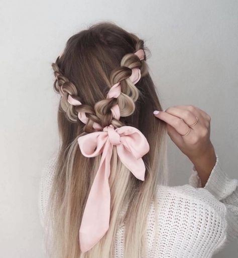 Her Hair, Long Hair, A Woman, Braids, Ribbon, Prom, Hairstyles, Hair, Pink