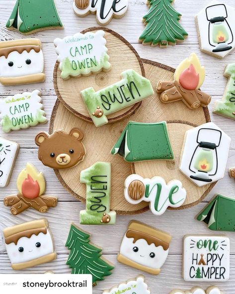 One Happy Camper Cookies, Happy Camper Cookies, Royal Icing Birthday Cookies, Camper Cookies, Camping Theme Birthday Party, Camping Theme Birthday, Sugar Cookies With Royal Icing, One Happy Camper, Cookies With Royal Icing