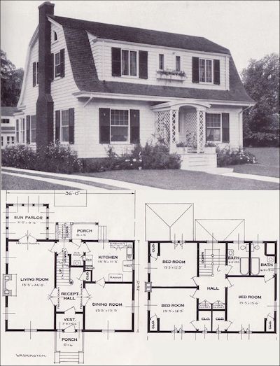 Style Spotting on Main Street, Part 2: Dutch Colonial — Dutch Colonial Floor Plans, Dutch Colonial House Plans, Colonial Floor Plans, Dutch Colonial House, Dutch Colonial Revival, Colonial Revival House, Vintage Floor Plans, Dutch Colonial Homes, Old House Plans