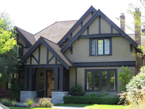 Exterior Color Palettes with Dark Trim — Kelly Bernier Designs Dark Tudor Exterior, Brown House Black Trim, Dark Trim Exterior House, Tudor Exterior Paint, Exterior Color Palettes, Stucco Exterior Colors, English Cottage Exterior, Tudor Exterior, White Craftsman