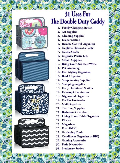 31 Uses for the Double Duty Caddy Like my Page on FB: https://www.facebook.com/SherriMartin Thirty One Order Has Shipped, Thirty One Personalization Ideas, Thirty One Bag Ideas Personalization, Bill Pay, Thirty One Organization, Thirty One Uses, 31 Party, 31 Bag, Thirty One Totes