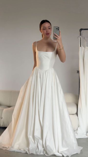 Aesling | For modern brides on Instagram: "Our Amelie gown, customized with a basque waist 🤍" Wedding Dresses Shapes, Wedding Gown 2 In 1, A And Be Bridal Shop Minneapolis, Wedding Dress Small Woman, Flowy A Line Dress, Fun Sleeve Wedding Dress, Vintage Drop Waist Wedding Dress, Pleated Wedding Gown, Elegant Whimsical Wedding Dress